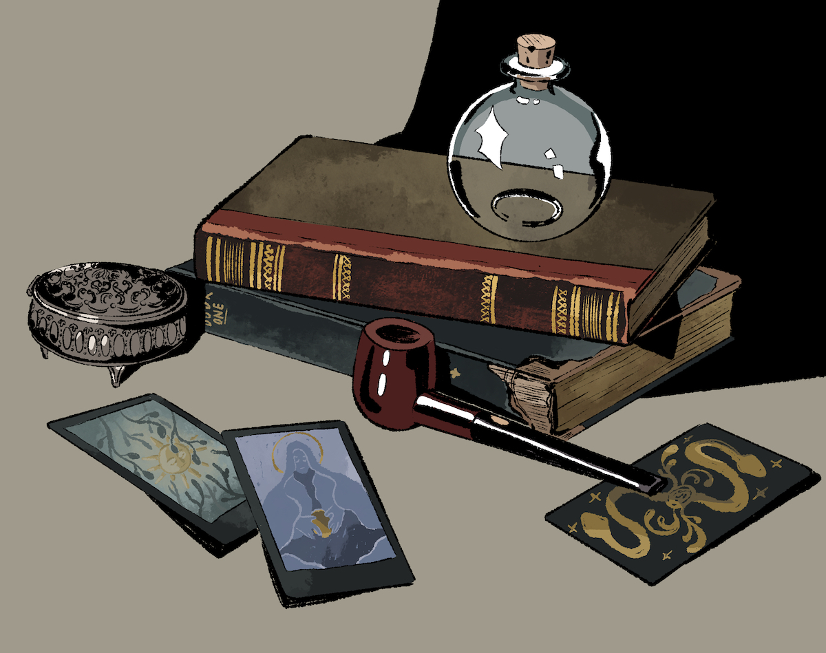A still life containing old books, a pipe, a circular bottle, tarot cards, and a small metal box.